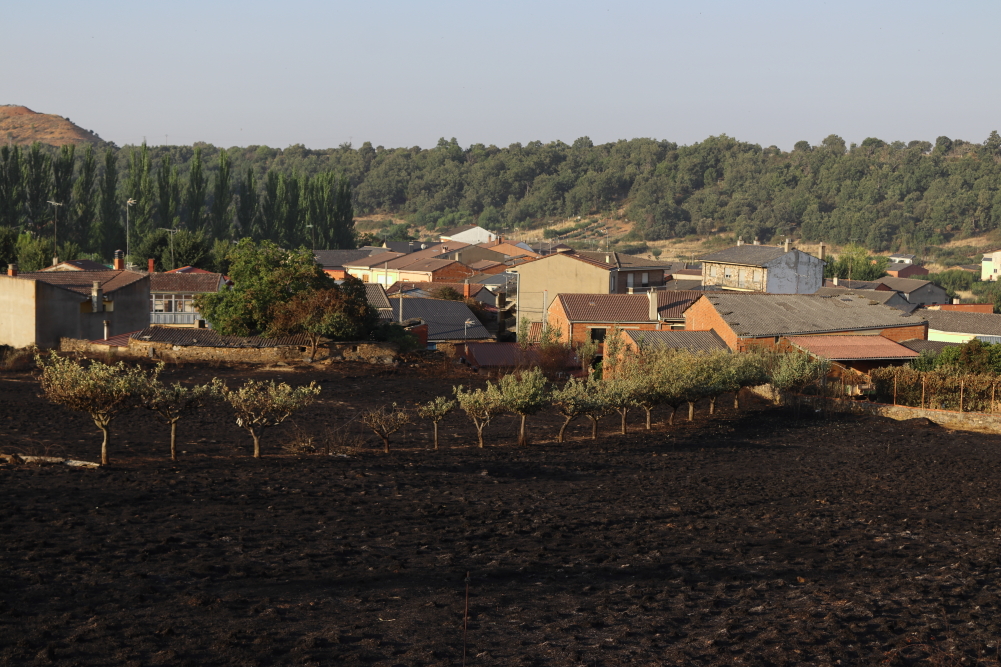 Vista de cortinas quemadas en el incendio de Puercas, donde el fuego acechó a las viviendas